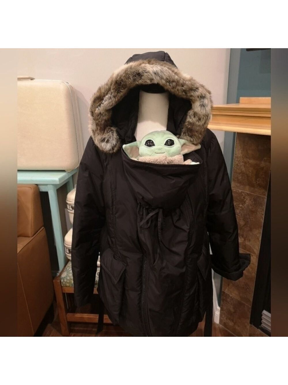 Maternity down trench coat, convertible black Size XL - Picture 9 of 16